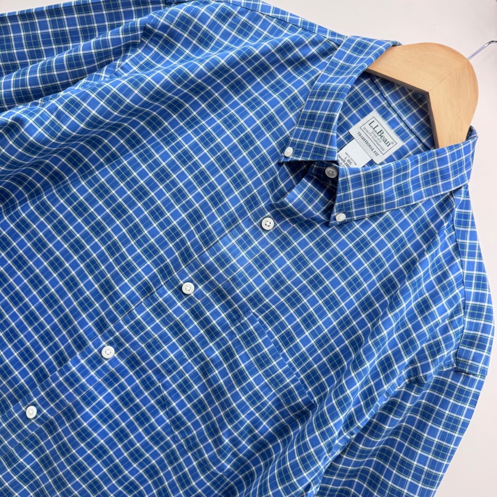 L.L.Bean Button Down Shirt Large Blue Plaid Traditional Fit Cotton Long Sleeve